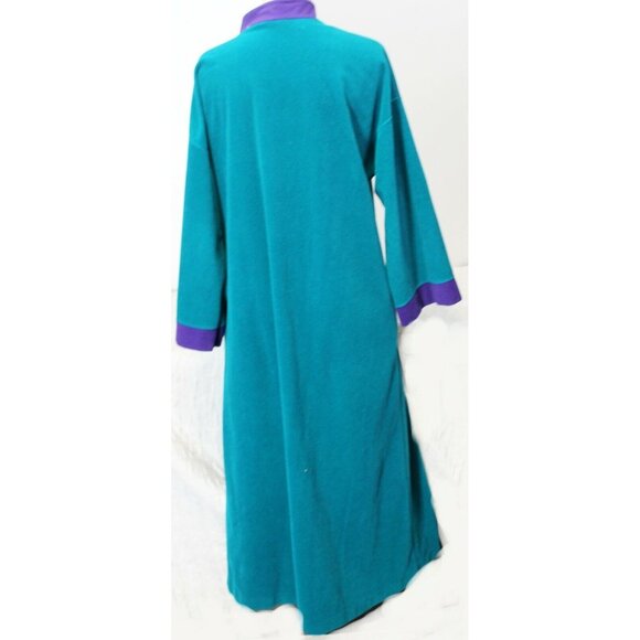 VTG 80s Vanity Fair Teal Fleece Housecoat Robe Women M Zip Long Sleeves Pockets - Picture 6 of 9